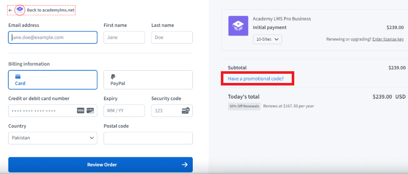 academy lms checkout seite
