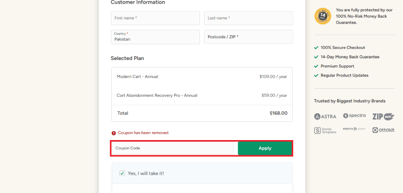 modern cart avail coupon