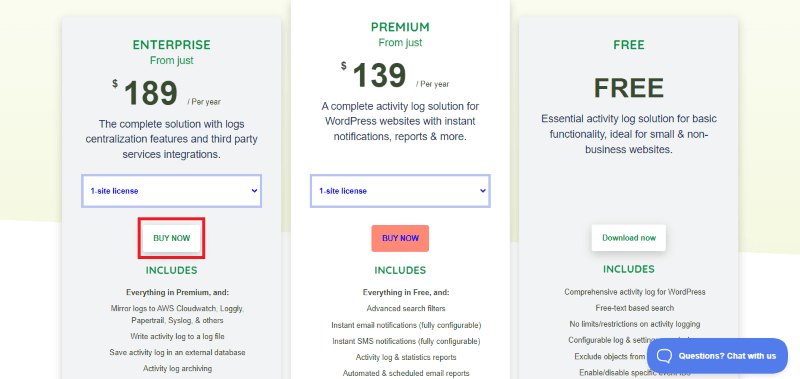 wp activity log pricing