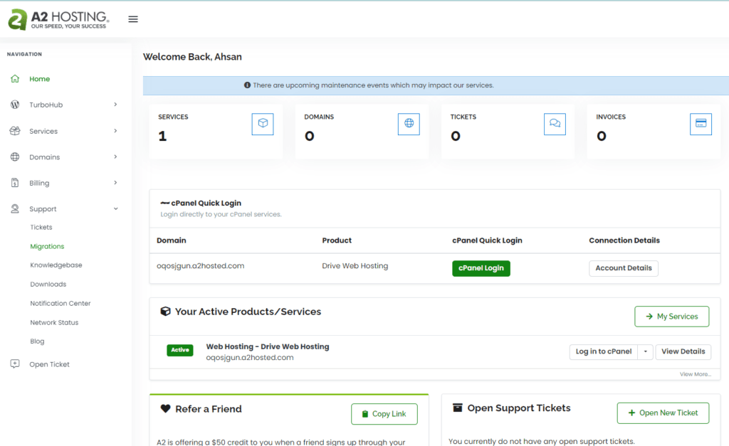 A2 Hosting User Control Panel
