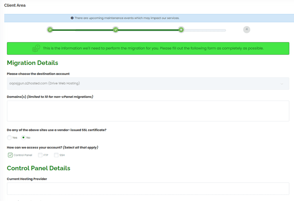 Migration form at A2 Hosting