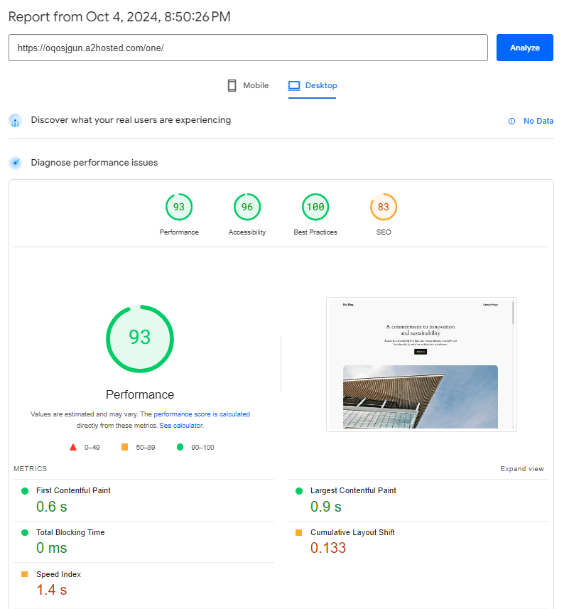 Google Page Speed Insights on A2 Hosting