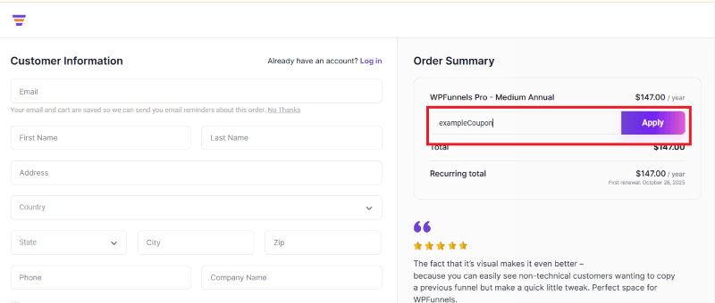 wp funnels chechout page
