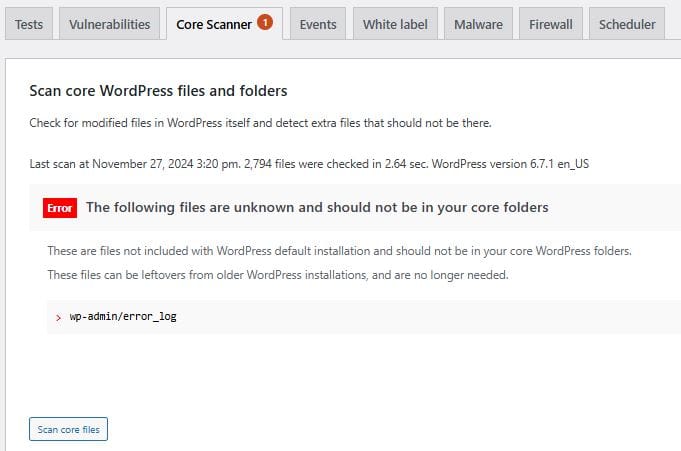 WP Security Ninja Core Scanner Test