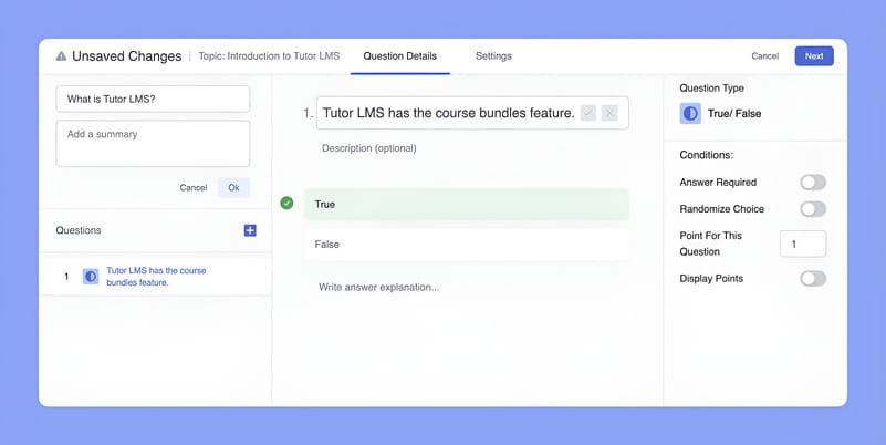 Tutor LMS - True False