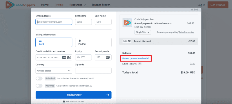 code snippets coupon