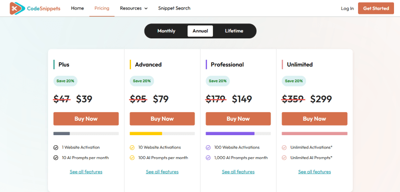 code snippets pricing