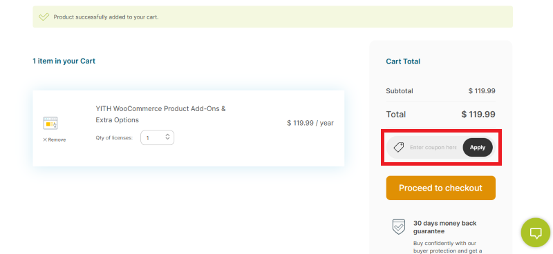 yith woocommerce product add-ons & extra options apply coupon