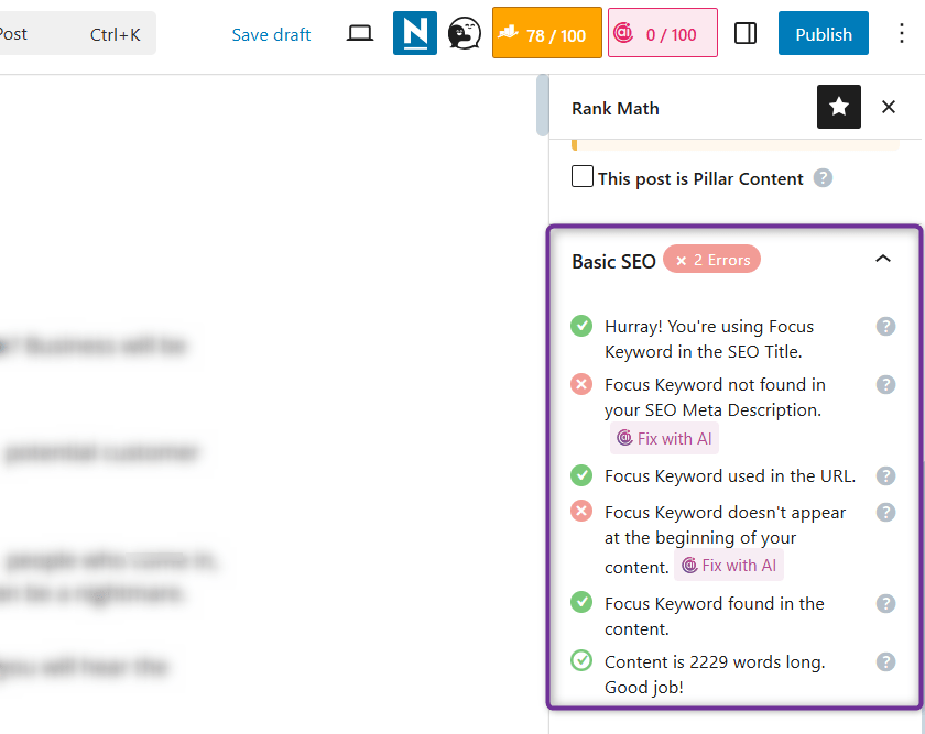 Rank Math Basic SEO Analysis