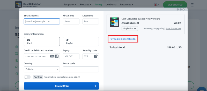 cost calculator checkout