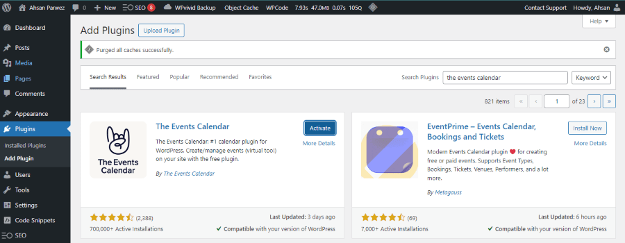 installing the free version of the events calendar