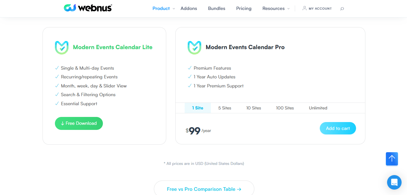 modern events calendar pricing