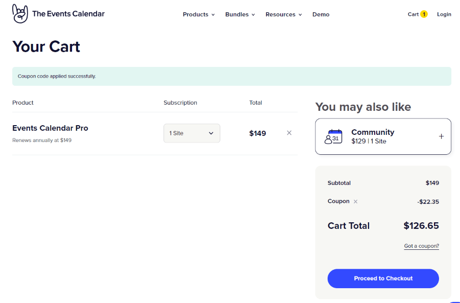the events calendar checkout page with promocode