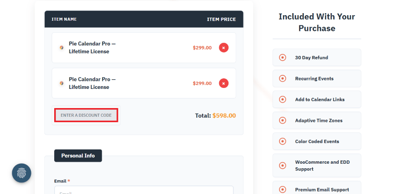 pie calendar checkout