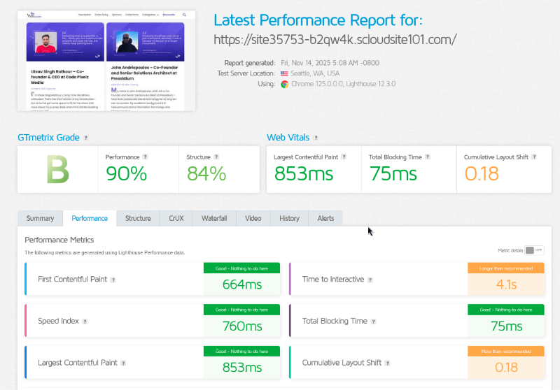 scalahosting gtmetrix results