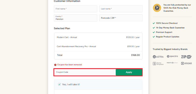 modern cart avail coupon