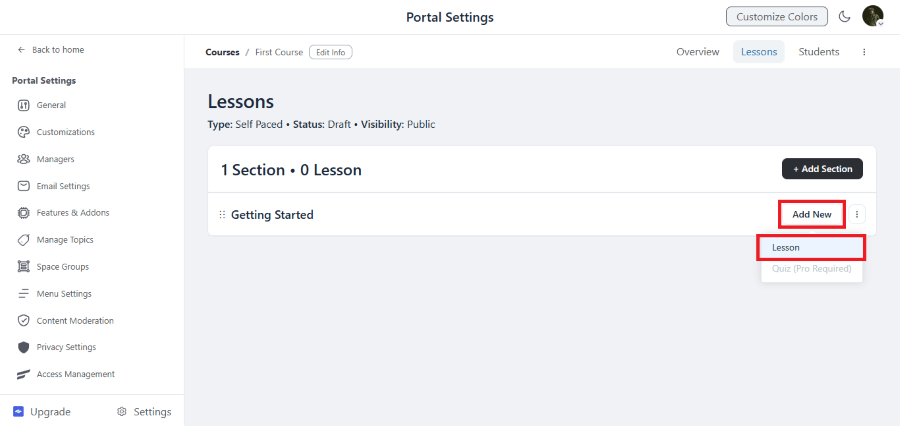 fluentcommunity add lesson