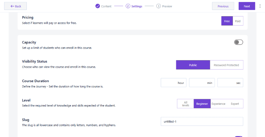 creator lms course setting