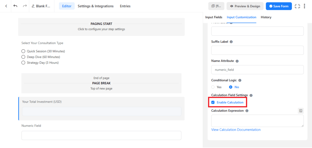 fluent forms enable calculation