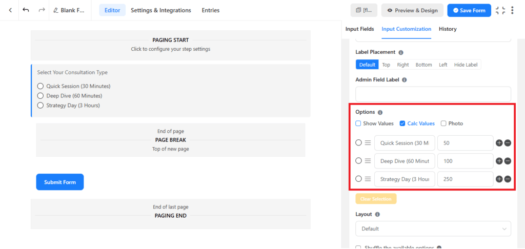 fluent forms option list