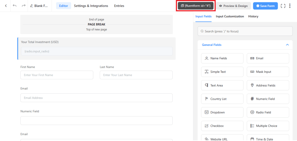 fluent forms short code