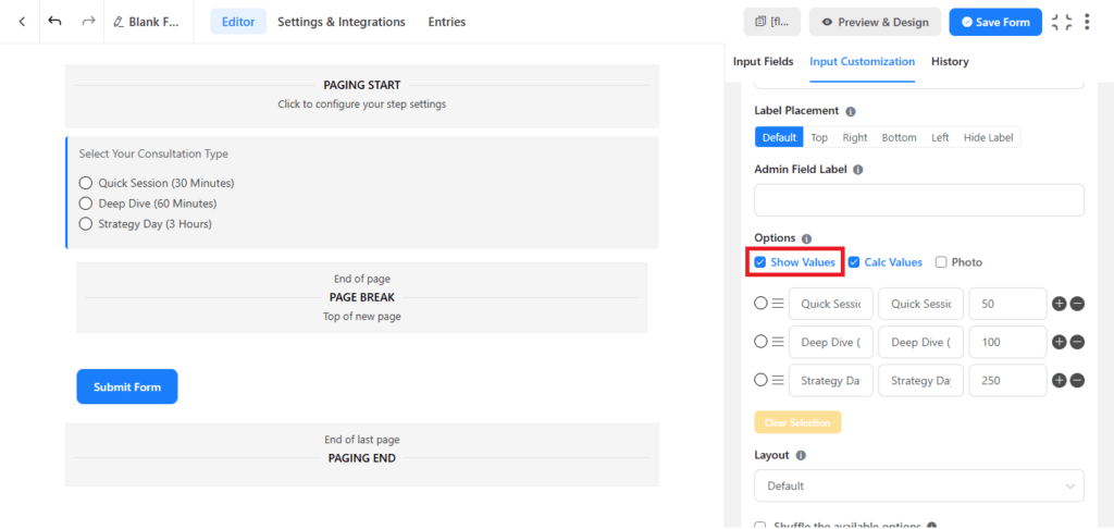 fluent forms show values