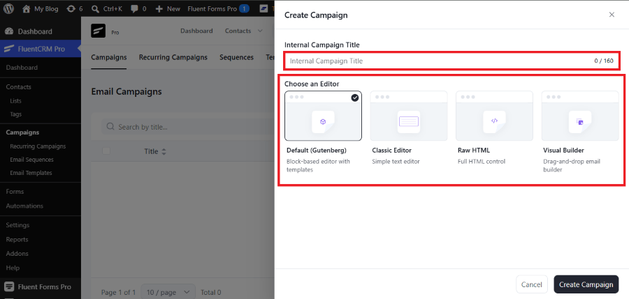 fluentcrm create campaign