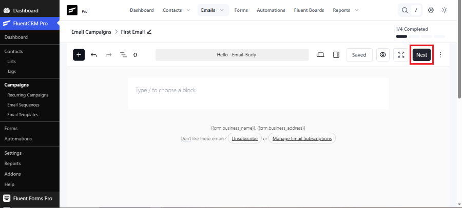 fluentcrm email body
