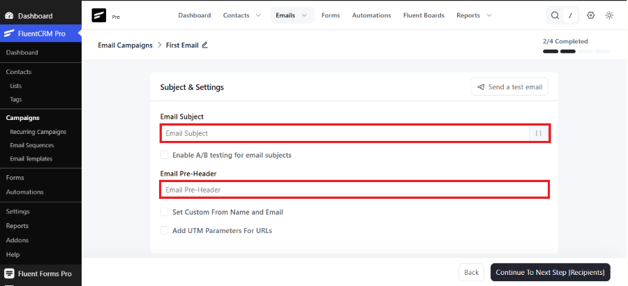 fluentcrm subject setting