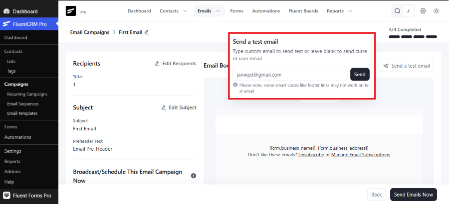 fluentcrm test email